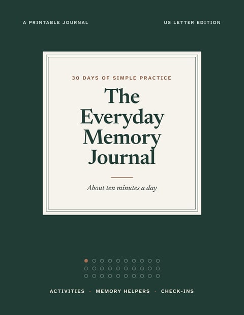 Cover of The Everyday Memory Journal: a deep green cover with a cream label reading “The Everyday Memory Journal, 30 Days of Simple Practice.”