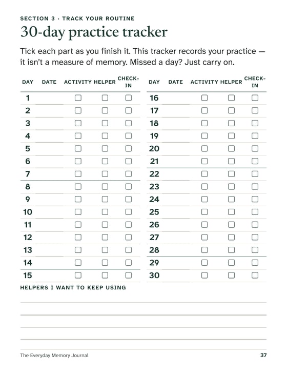 Journal page titled “30-day practice tracker.” Two tables cover Days 1 to 15 and 16 to 30, with columns for the date and tick boxes for the activity, helper and check-in.